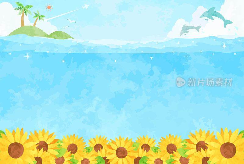 beautiful　watercolor　sea　&　sunflower　background　illustration　93